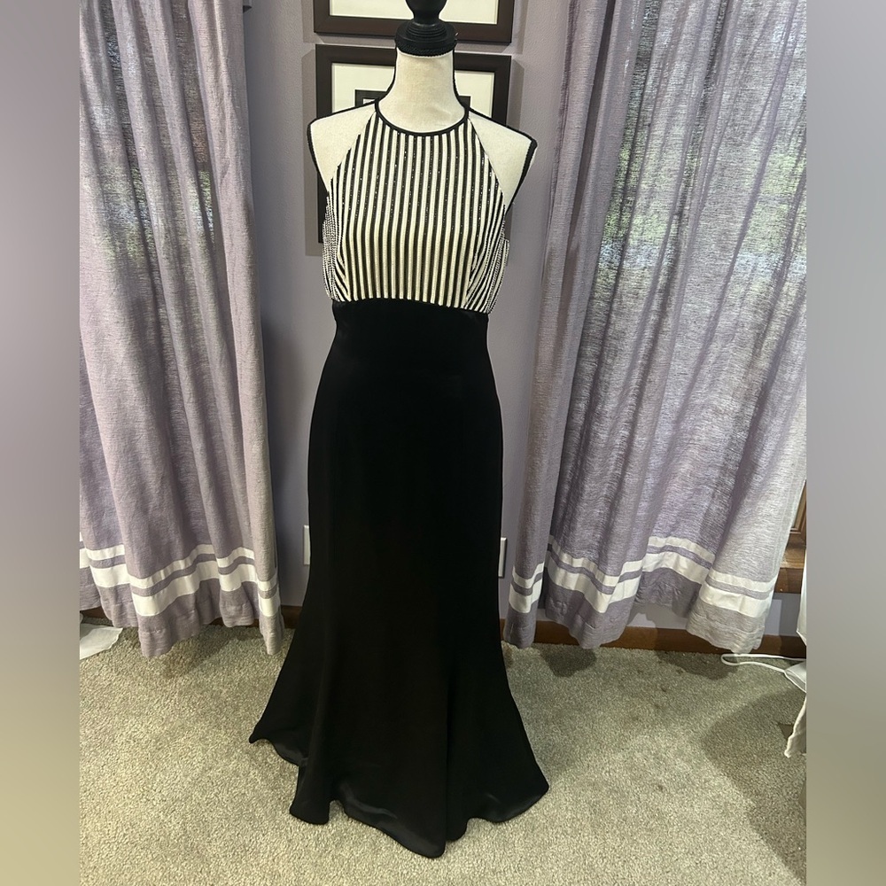 Kay Unger Black and White Striped Halter Maxi Dress